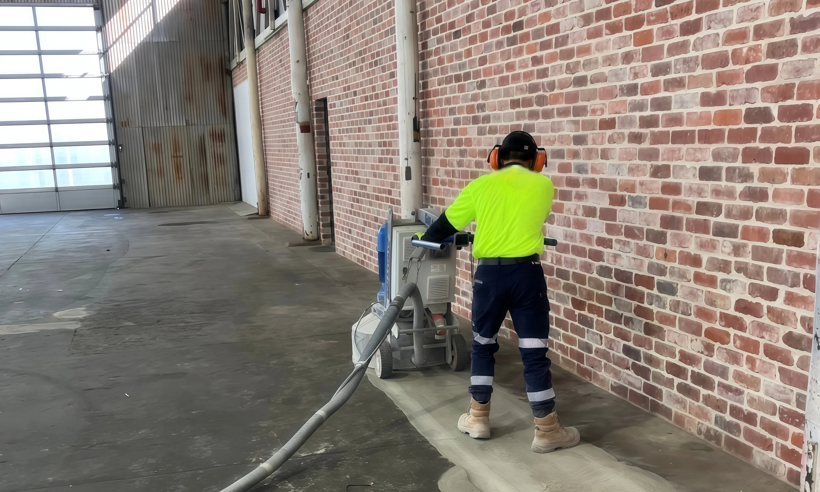 Wide view of historic warehouse interior after shot blasting and grinding concrete floor by Specialist Contracting Services